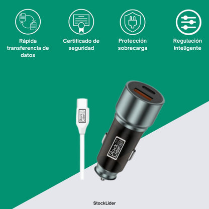 Cargador de coche USB + Tipo C y cable