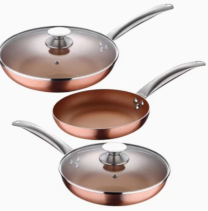 Set de Sartenes de Cobre Antiadherentes con Tapa de Vidrio
