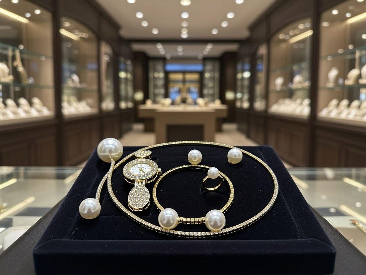 Conjunto de joyas dorado con perlas aleatorio.