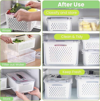 Set 4 Recipiente de Almacenamiento Fresco con Colador y Tapa Hermética Cocina - Conservación Prolongada de Alimentos