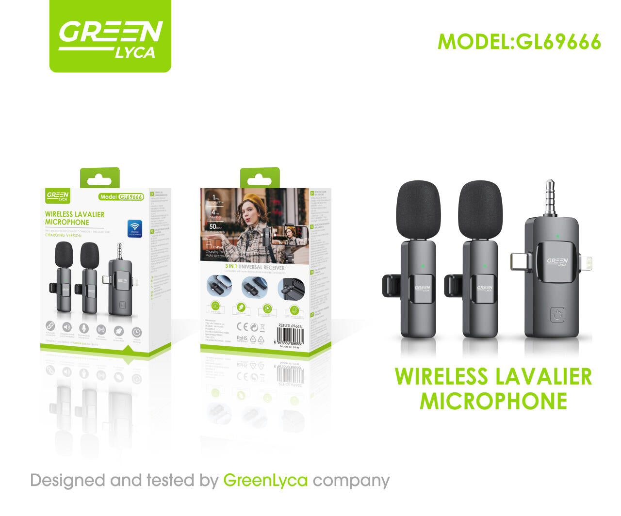 Micrófono universal de solapa inalámbrico 3 en 1, con conector 3.5 mm, tipo C y Lightning Grenn Lyca GL69666