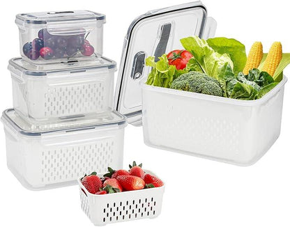 Set 4 Recipiente de Almacenamiento Fresco con Colador y Tapa Hermética Cocina - Conservación Prolongada de Alimentos