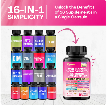 Suplemento para las hormonas-Myo-Inositol + D-Chiro Inositol + Berberina + Vitamina D3 + K2 – 90 Cápsulas